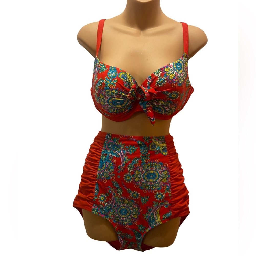 Floral Red High-Waisted Bikini - Pin-Up Girl Suit